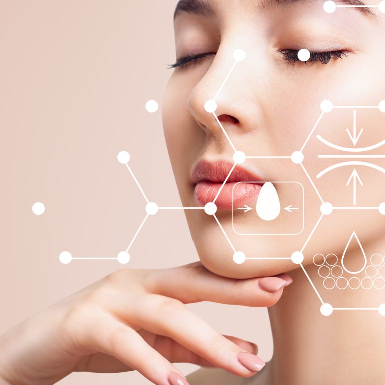 Infographic picture shows moisturizing and cleansing effect on beautiful female face.